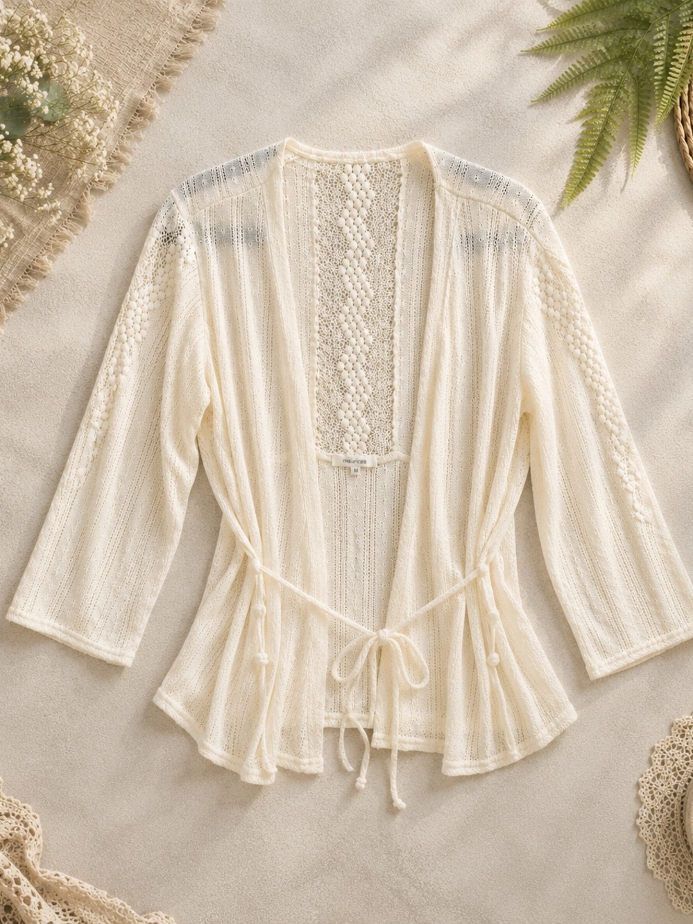 Maurices Cream Open Knit Tie Front Cardigan Lace Back Medium